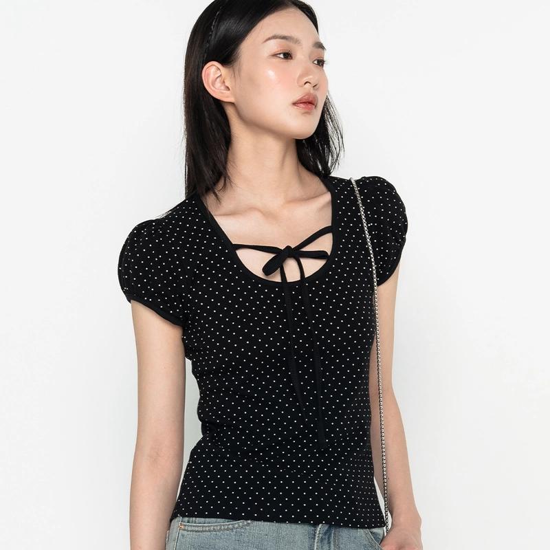 하이스쿨디스코 - 퍼프소매 도트 리본 숏슬리브 티셔츠 블랙