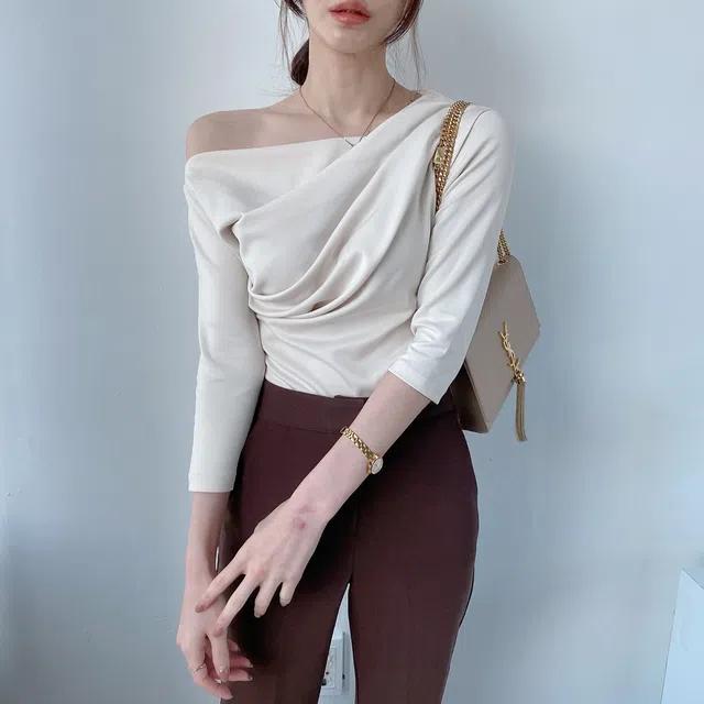 크림오늘출발 [5color] 7부 오프 실켓 언발 드레이프 셔링 입술넥 티셔츠 블라우스