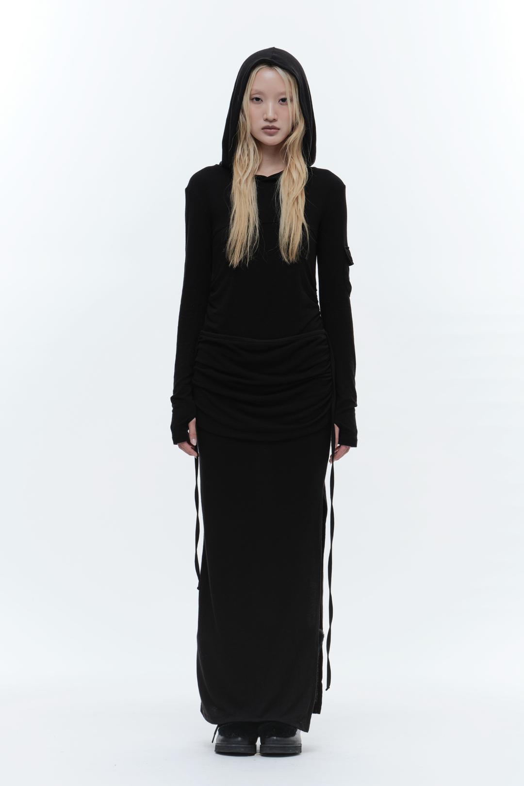 DRAPE HOODED MAXI DRESS BLACK