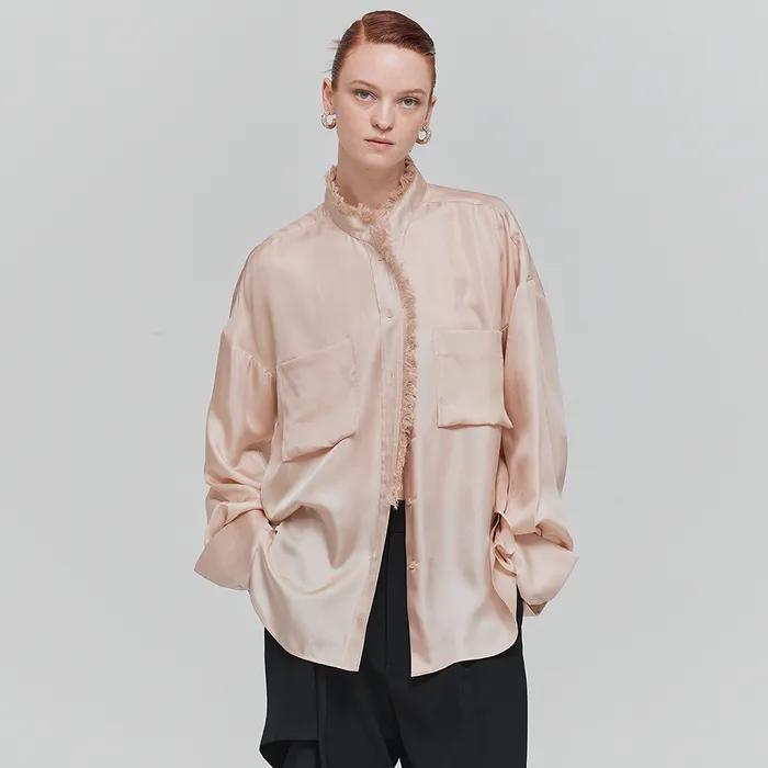 FRINGE RUFFLE SILK BLOUSE_LIGHT BEIGE