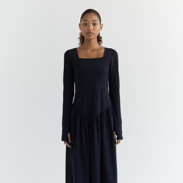 Athletic shirring long dress (Navy)