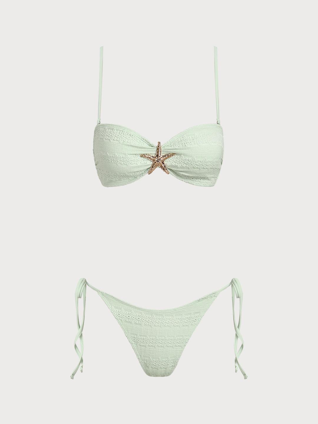 Light Green Woven Star Trim Bikini Set