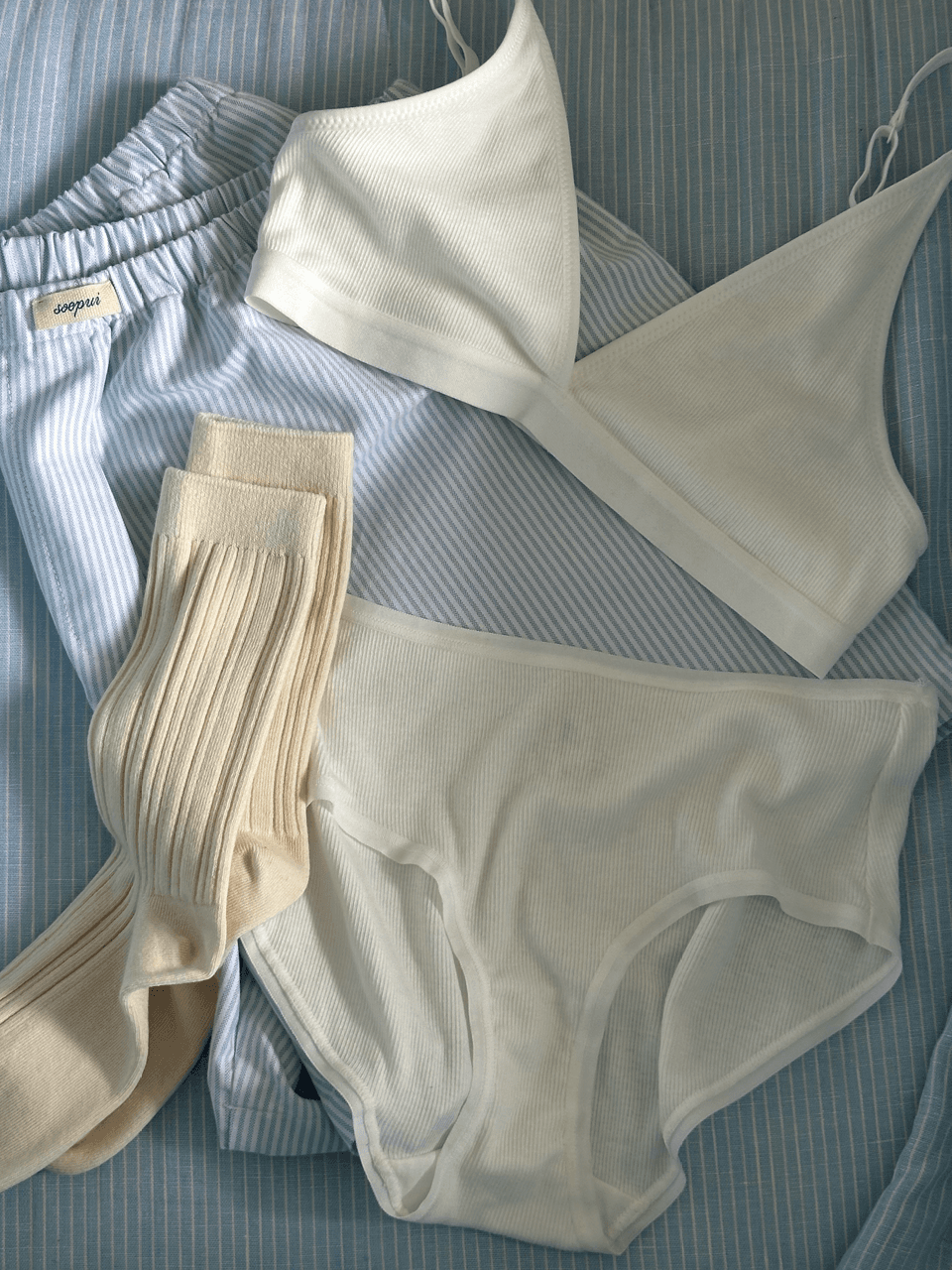 (set) Triangle ribbed modal bra & panties in White_화이트 브라&팬티