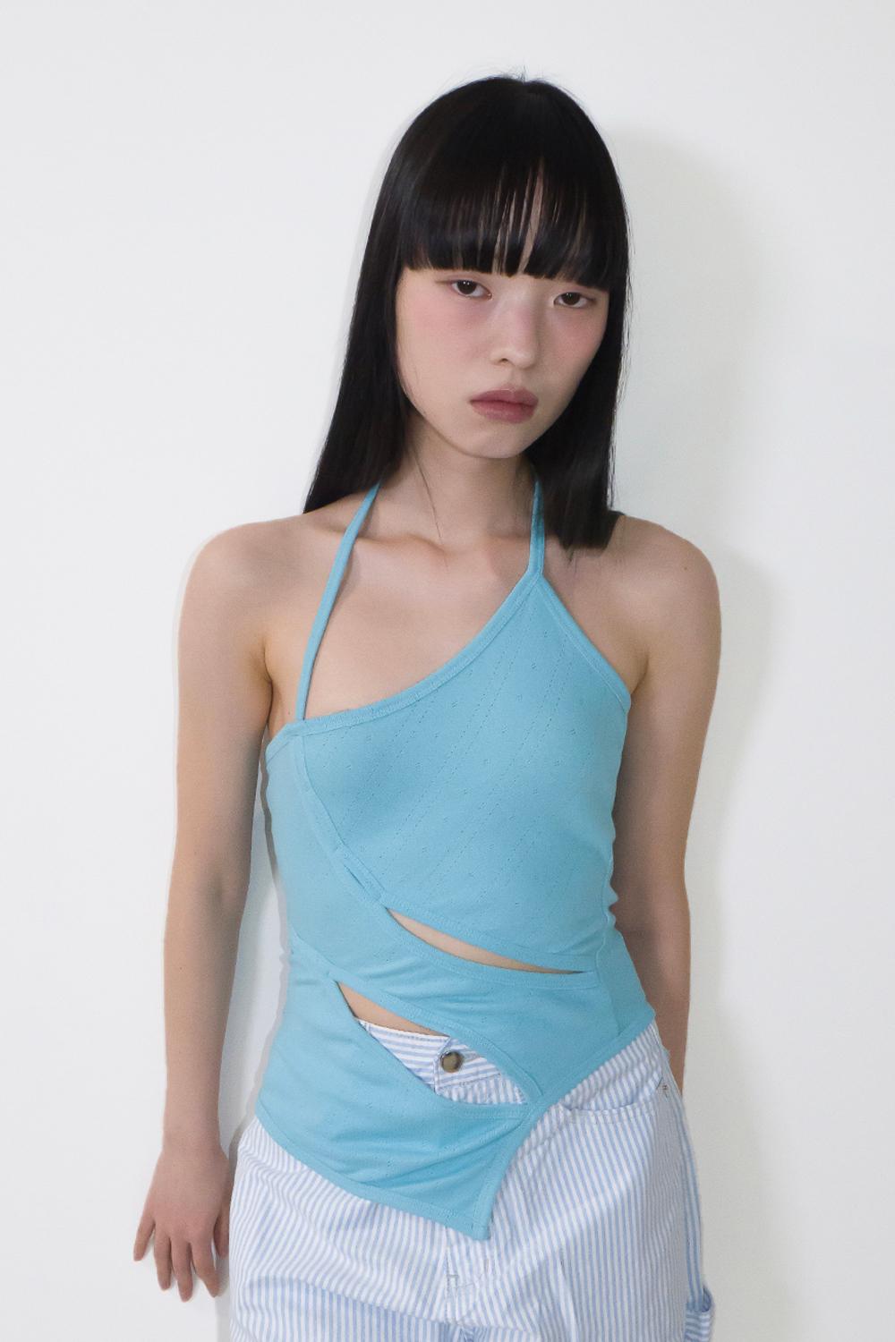 Cut-out Halter Tank Top-Aqua Blue