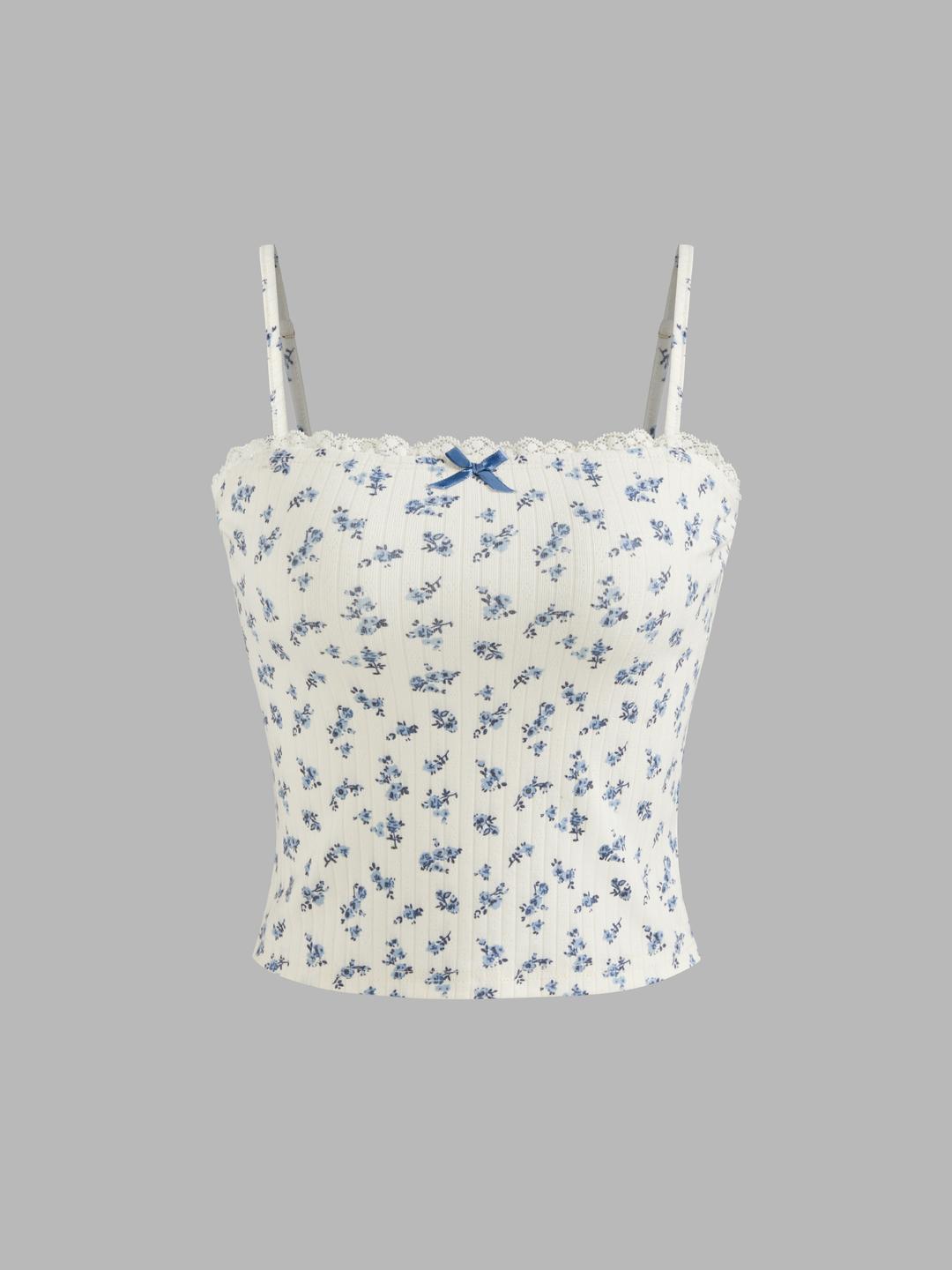 스퀘어넥 플로럴 레이스  리본 캐미 탑