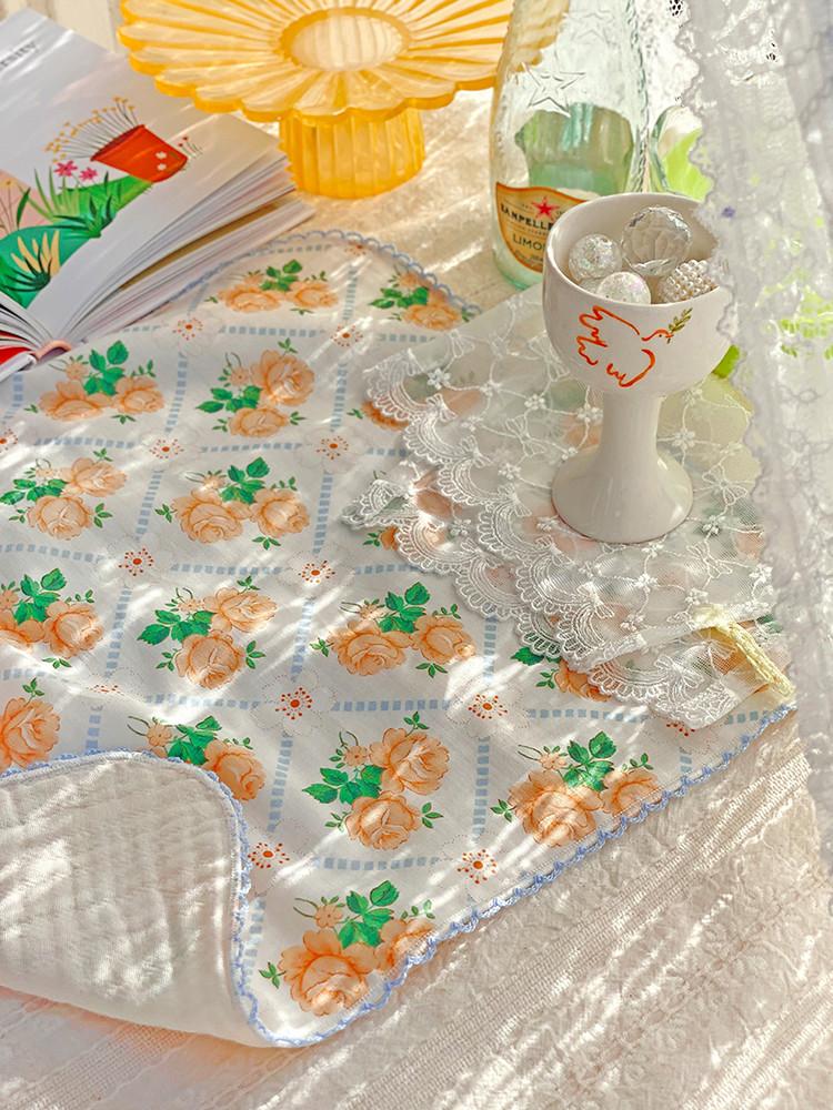 오렌지로즈 키친클로스 피치 살구 스티치 자체제작 무니무니 플라워 패턴 꽃무늬 테이블매트 식탁매트 홈카페 다용도덮개