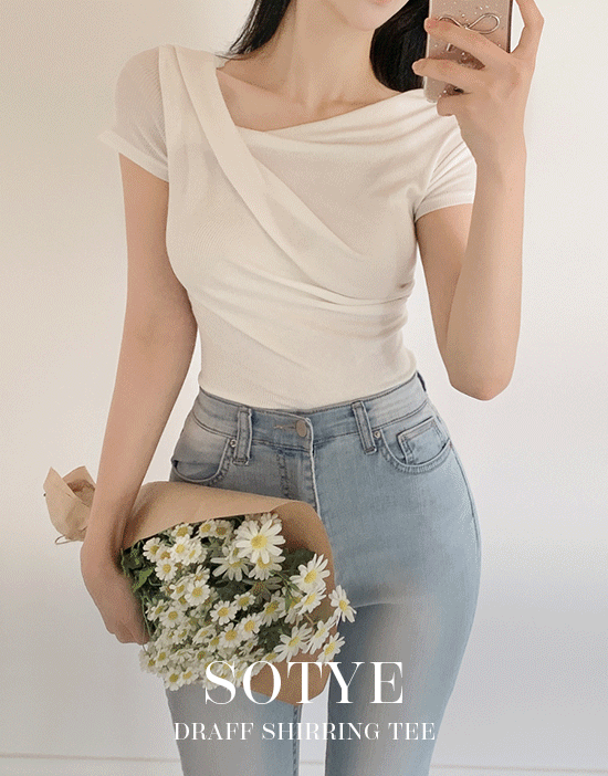 프롬데이원 소티에 드레이프 셔링티(반팔/반소매/언발란스/세미크롭/데이트룩/하객룩/격식룩/오피스룩)