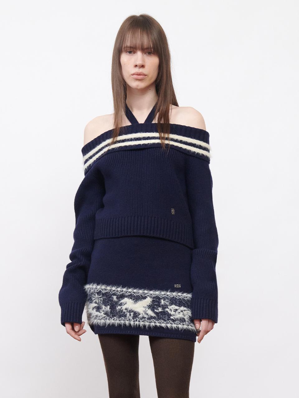 Tied Off-Shoulder Knit Top Navy