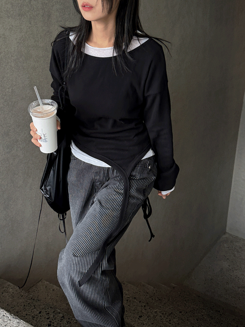 다상 테일 언발 스트랩 오프 티 3color