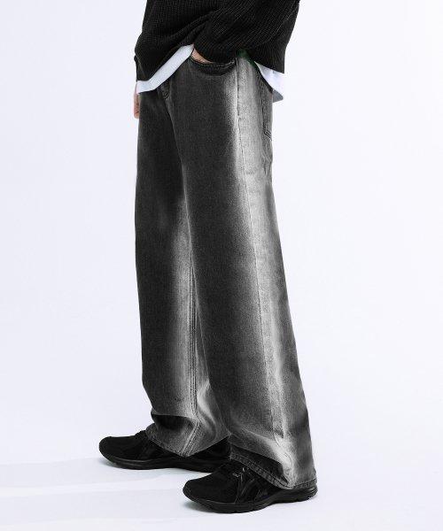 사이드 워싱 와이드 데님 팬츠  (BLACK)