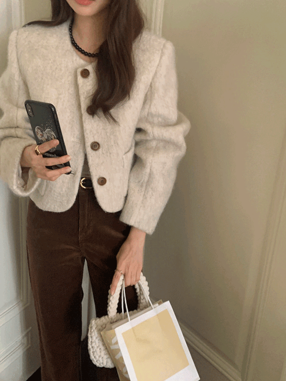 루어스룸 [단독] [Best💙] 모리아 노카라 라운드넥 단추 버튼 모헤어 브러쉬 부클 하객룩 울 숏 자켓