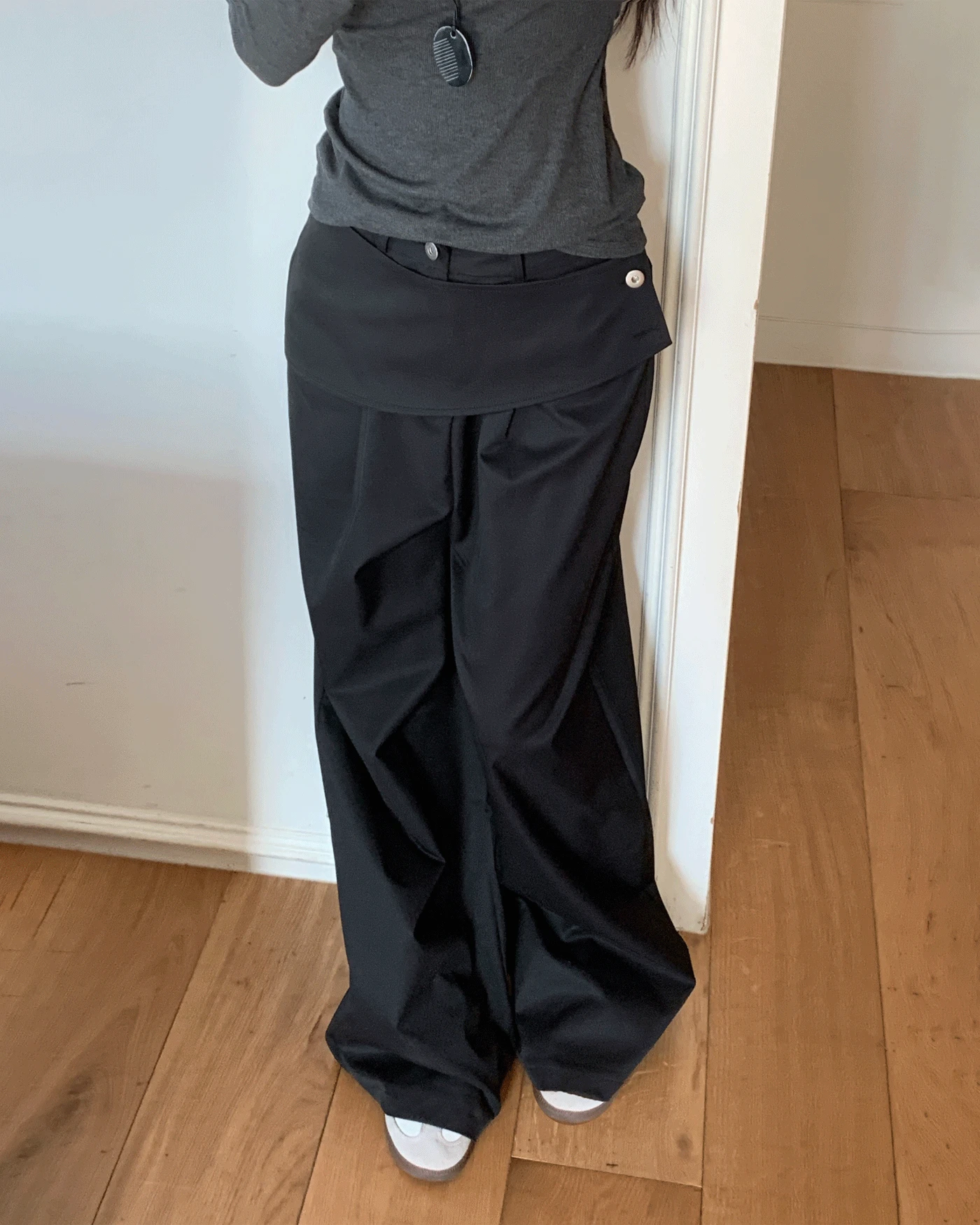 클로즈 핀턱 랩 투 버튼 하이웨스트 롱 와이드 팬츠 (3color)