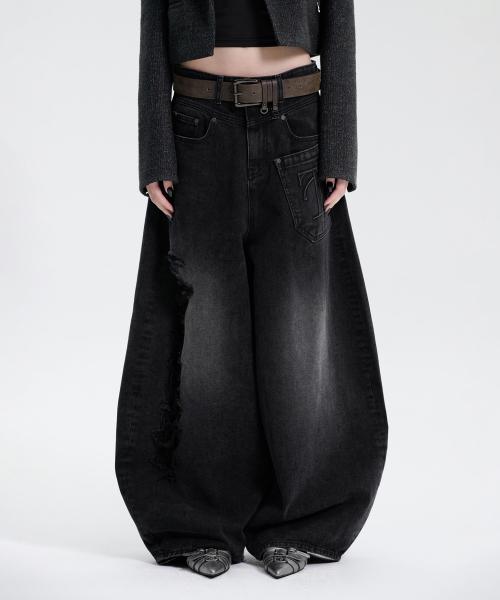 Balloon Fit Damage Denim Pants [ Black ]