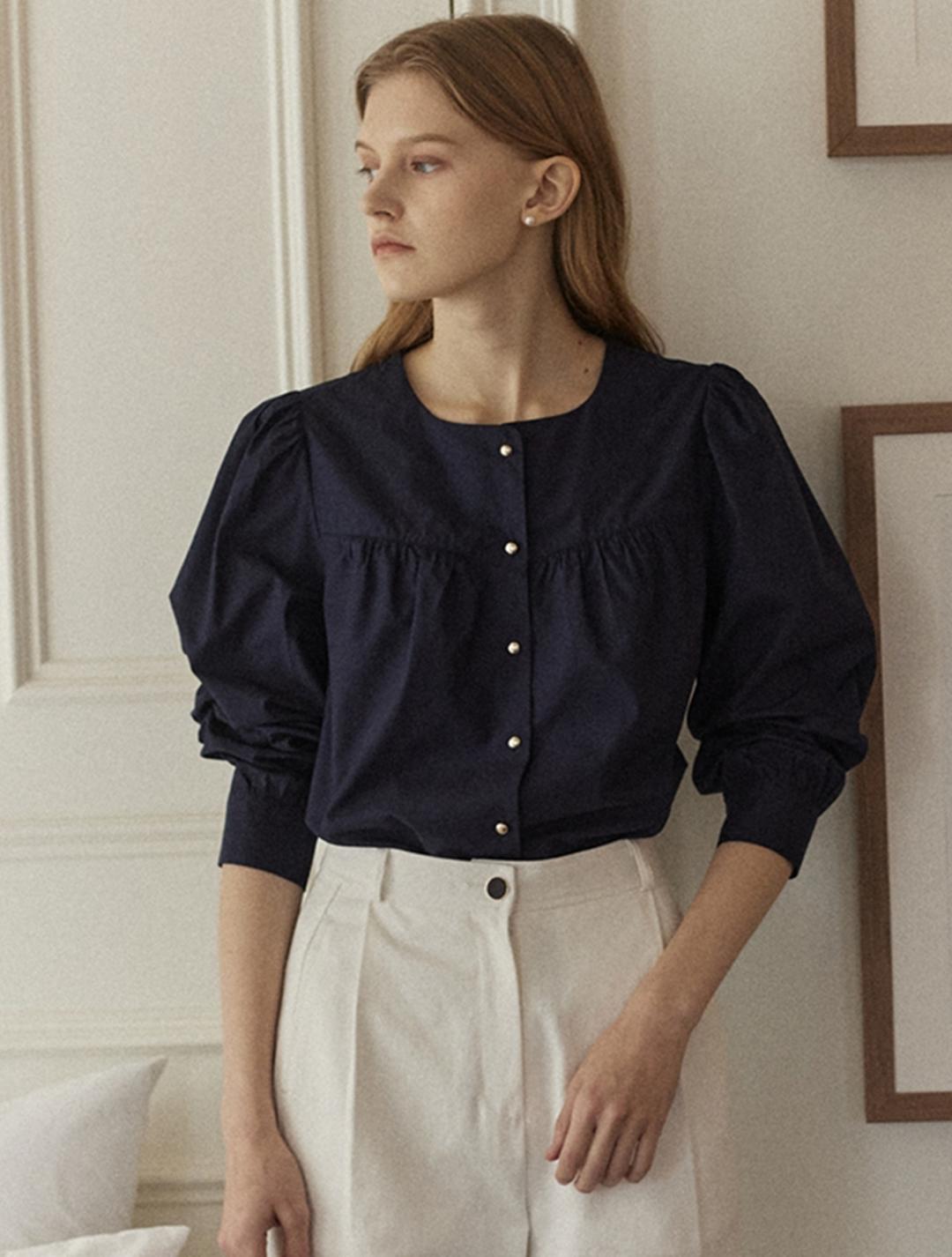 Shirring Goldish Blouse - Navy