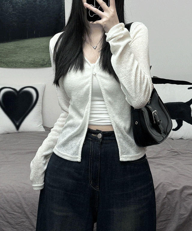 [여름가디건/장마룩] see-through two- button slit long-sleeved cardigan 시스루 투버튼 트임 긴팔 가디건