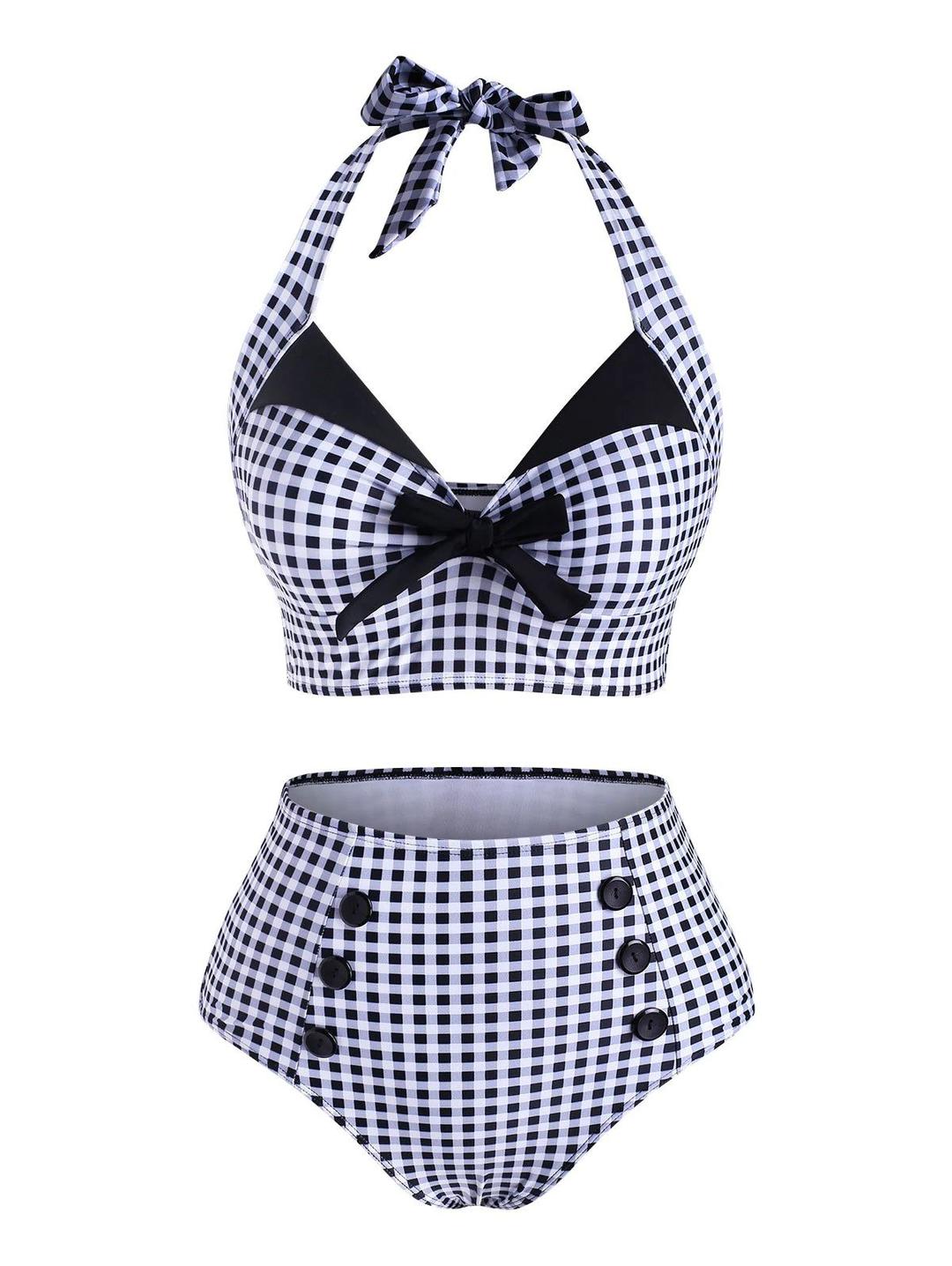 Black 1950s Gingham Halter Bowknot Bikini Set - Black / S / 2