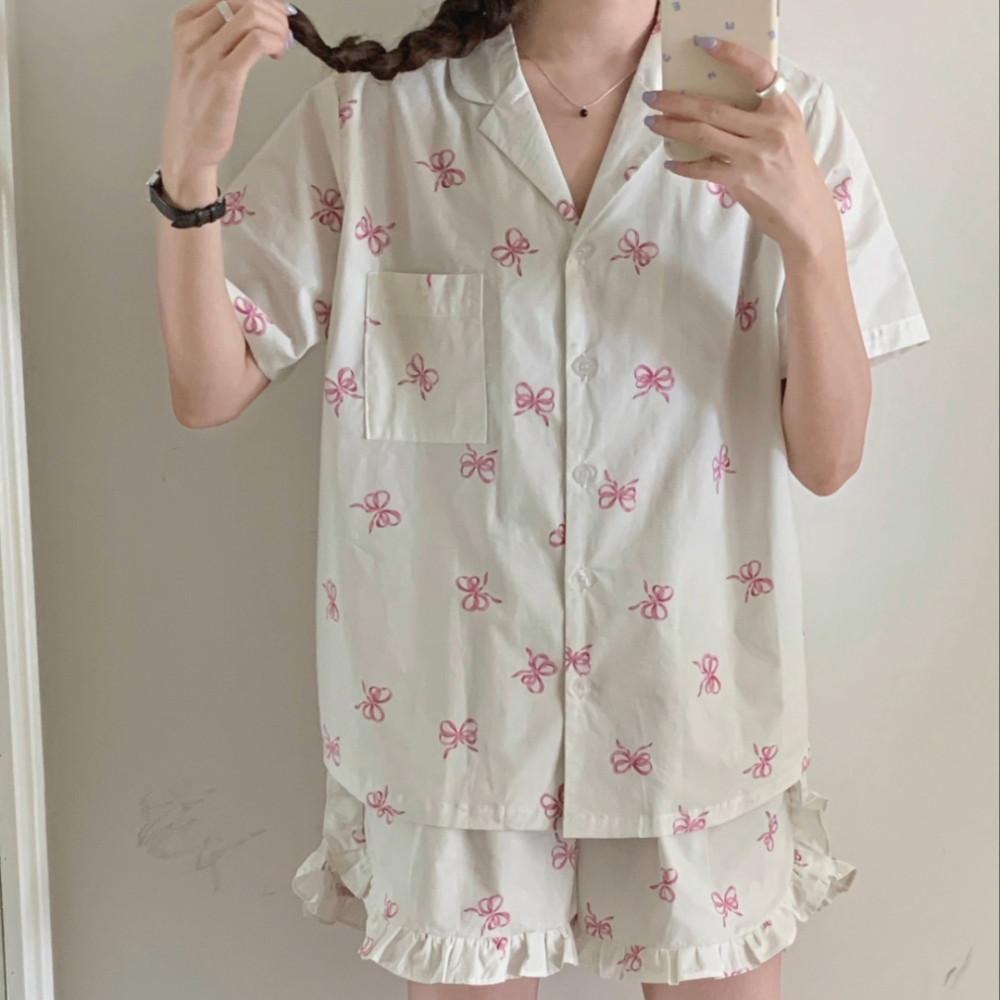 리본 프릴 잠옷 파자마 세트 (2colors)