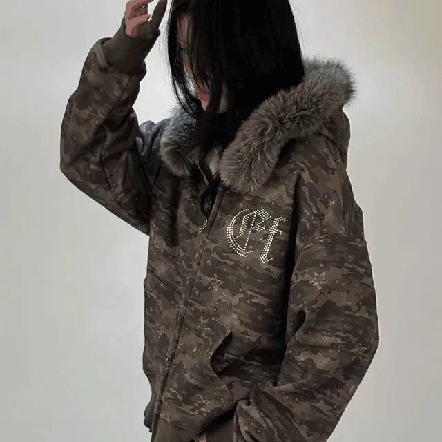 빈티지 스타 데미지 카모 풀프린트 투웨이 퍼 후드집업[2color]