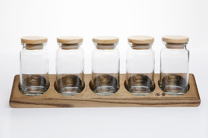 레터링 스티커 양념통 세트_플랫 유리병 5구 양념통 세트 옻칠 오일칠
