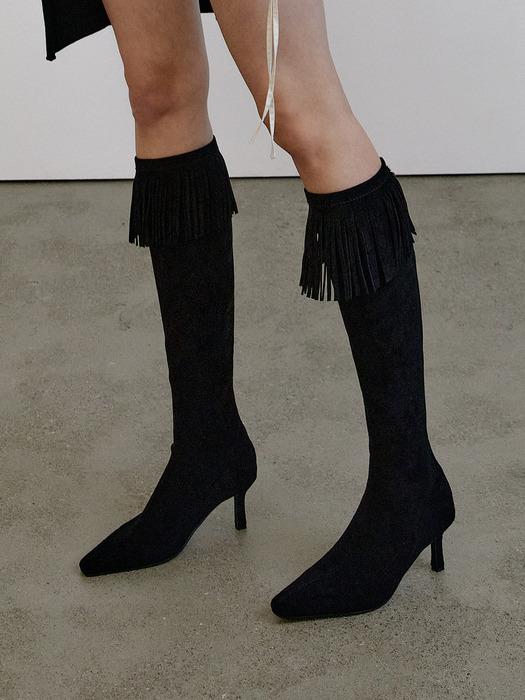 TASSEL SPANDEX STOCKING BOOTS - BLACK