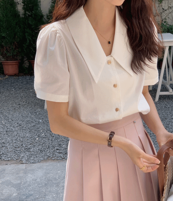 반하니 온디 ❤️브이넥 빅카라 퍼프 소매 반팔 셔츠 블라우스 5color [데이트룩 추천👍🏻]