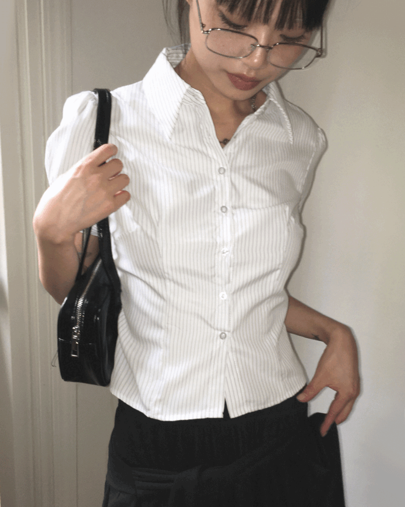르팟 슬림 스트라이프 퍼프 반팔 셔츠