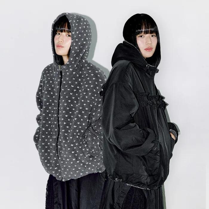 REVERSIBLE FRILL HOODED JACKET, BLACK/DOT