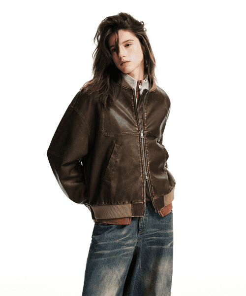 컬러 코티드 레더 자켓_브라운
