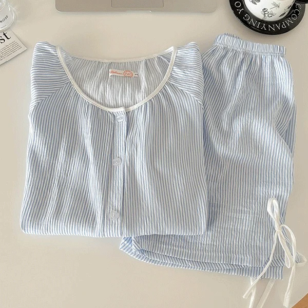 [홈웨어] 아코 스트라이프 여름 반팔 잠옷 세트