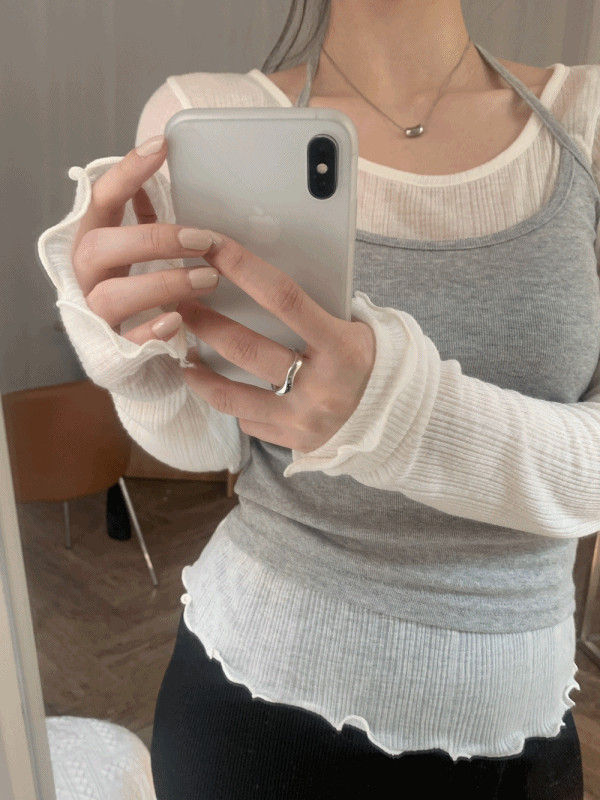 블랙모니카 [여리핏][레이어드] 웨이브 텐셀 물결 레이어드 봄 여름 라운드 이너 긴팔티