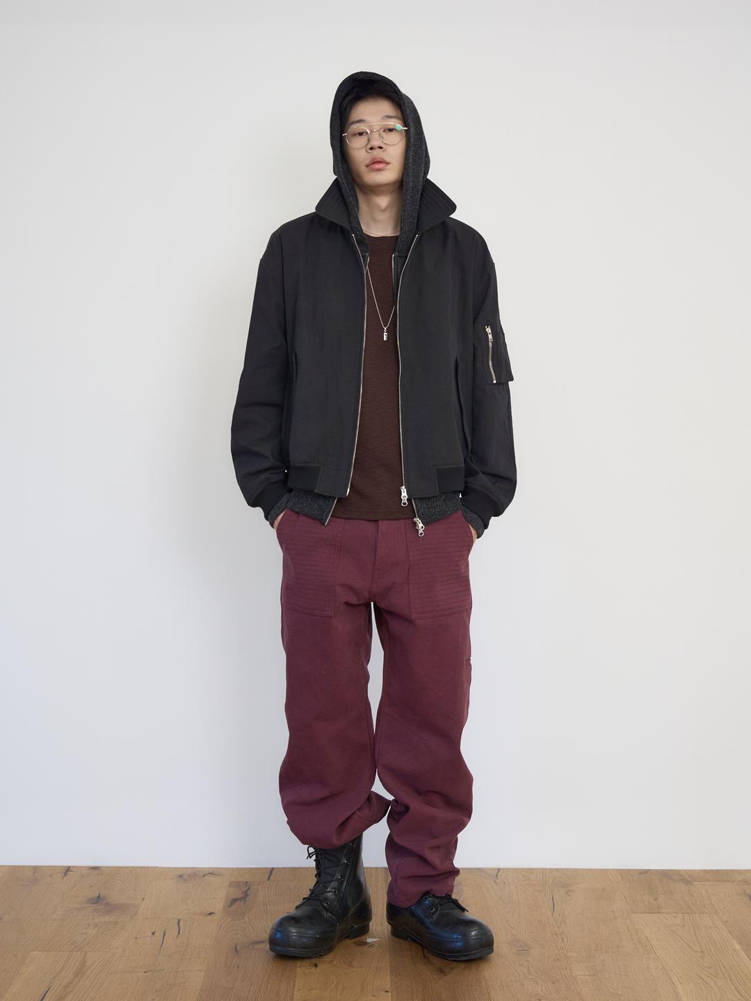 Embroidered Pocket Curved Oxford Pants (Burgundy)