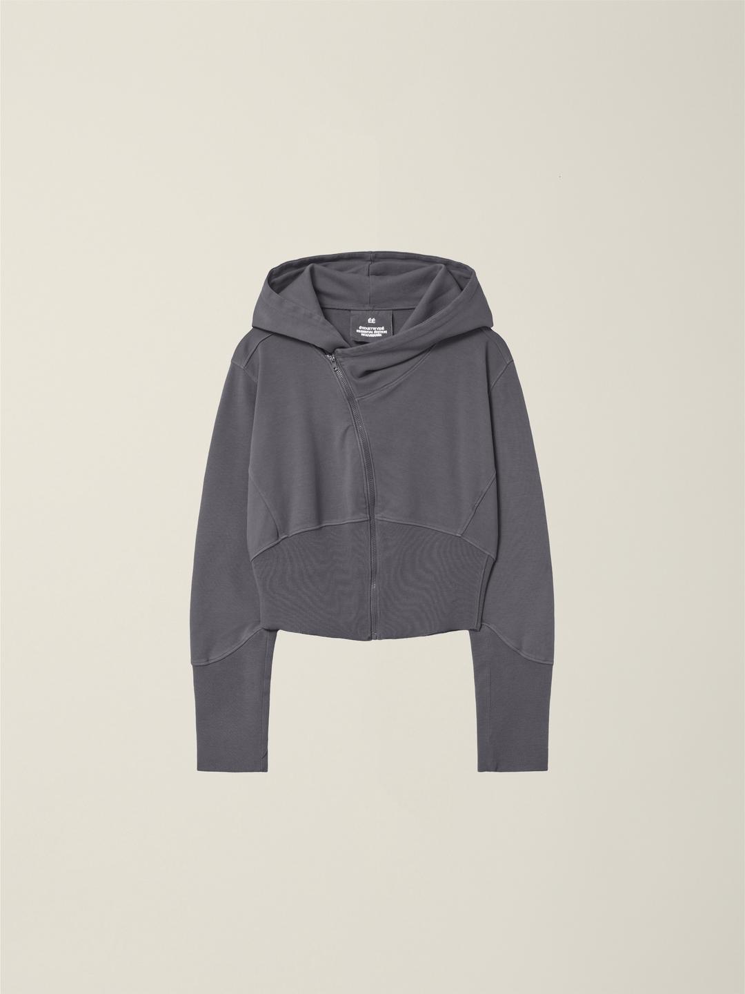 WOMENS GARMENT DYED CURVED HOODED ZIP JACKET  SLATE GREY