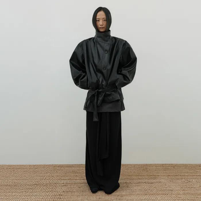 High Neck Belted Leather Jacket (black)