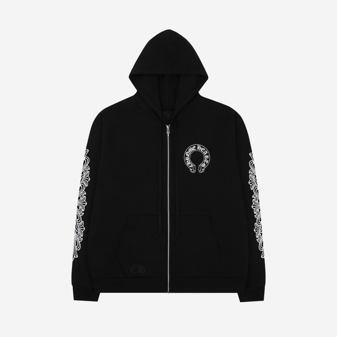 Chrome Hearts Horseshoe Floral Fleece Zip-Up Hoodie Black