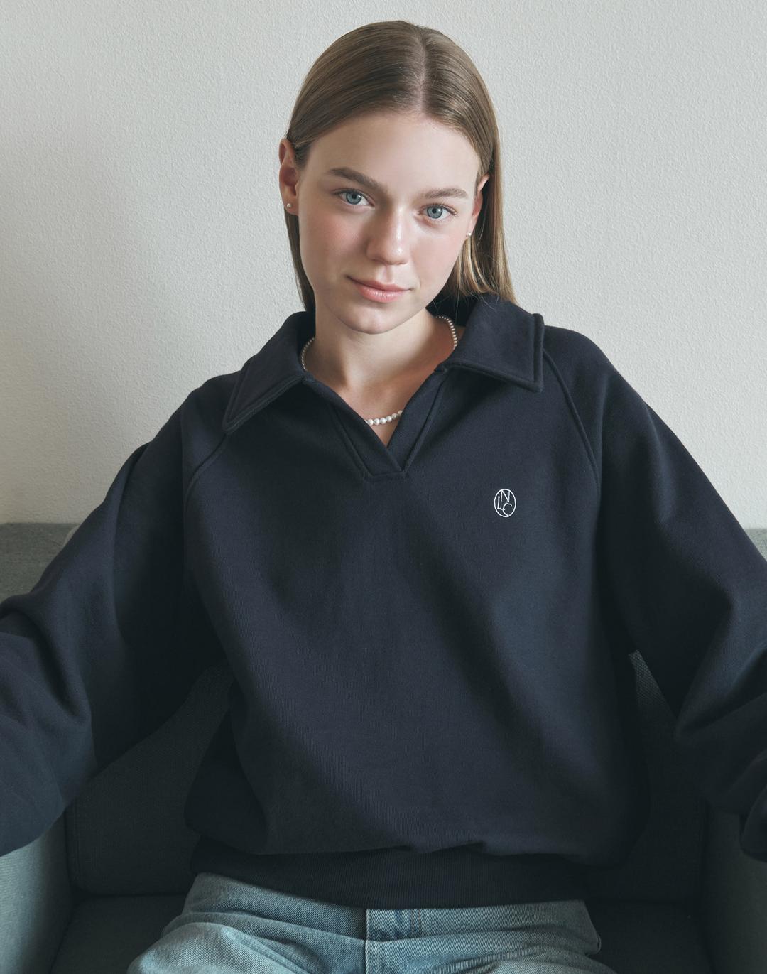 Emblem Logo Open Collar Sweatshirt - Navy