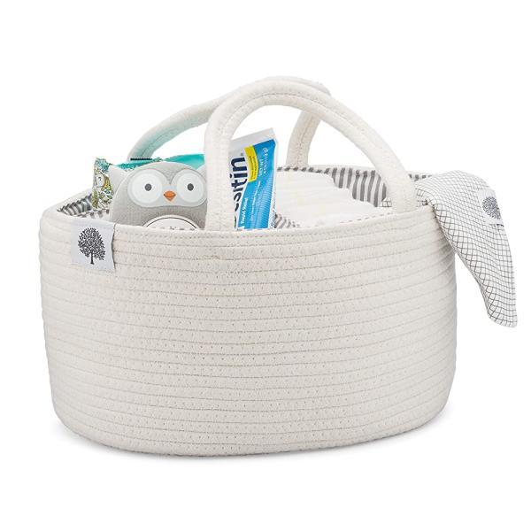 Parker 아기 로프 기저귀 캐디 정리함 - 기저귀 및 아기 물티슈용 아기방 보관 상자 및 자동차 정리함 - 아기 필수품을 위한 기저귀 정리함, 베이비 샤워 선물 - 화이트