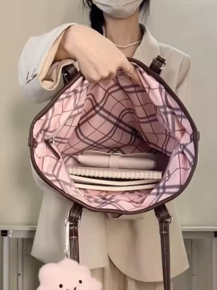 레트로 격자 무늬 핑크 토트 백 대용량 핸드백 세련된 게으른 스타일 겨드랑이 가방 가을 겨울 높은 미적 가치