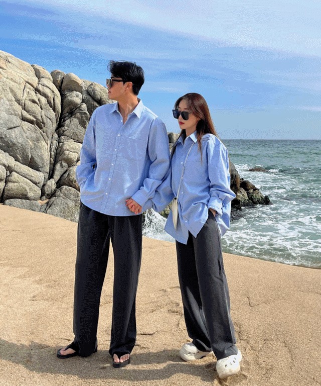 *세트가능[옥스퍼드/3컬러] 남녀공용 고퀄리티 코튼 옥스퍼드 오버핏 데일리 데님 셔츠 사계절 와이드 일자 슬랙스 커플룩 시밀러룩 데이트룩