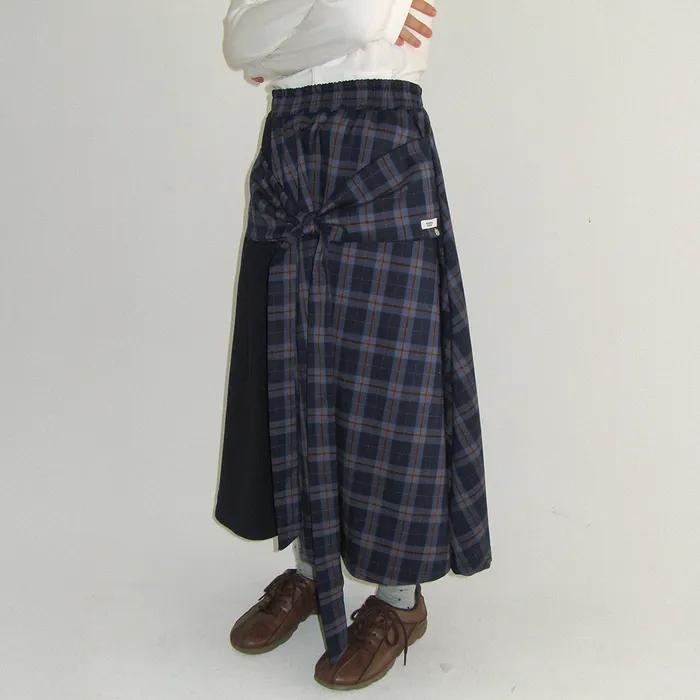 CHECK KNOT LAYERED WRAP SKIRT NAVY