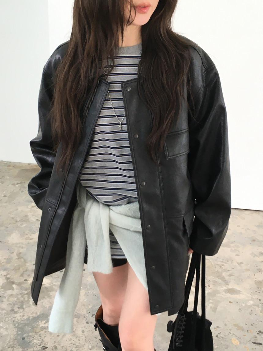 한시오분 누즈nuese 25FW 하프 레더 자켓 오버핏 카라넥 블랙 가죽 집업 jk