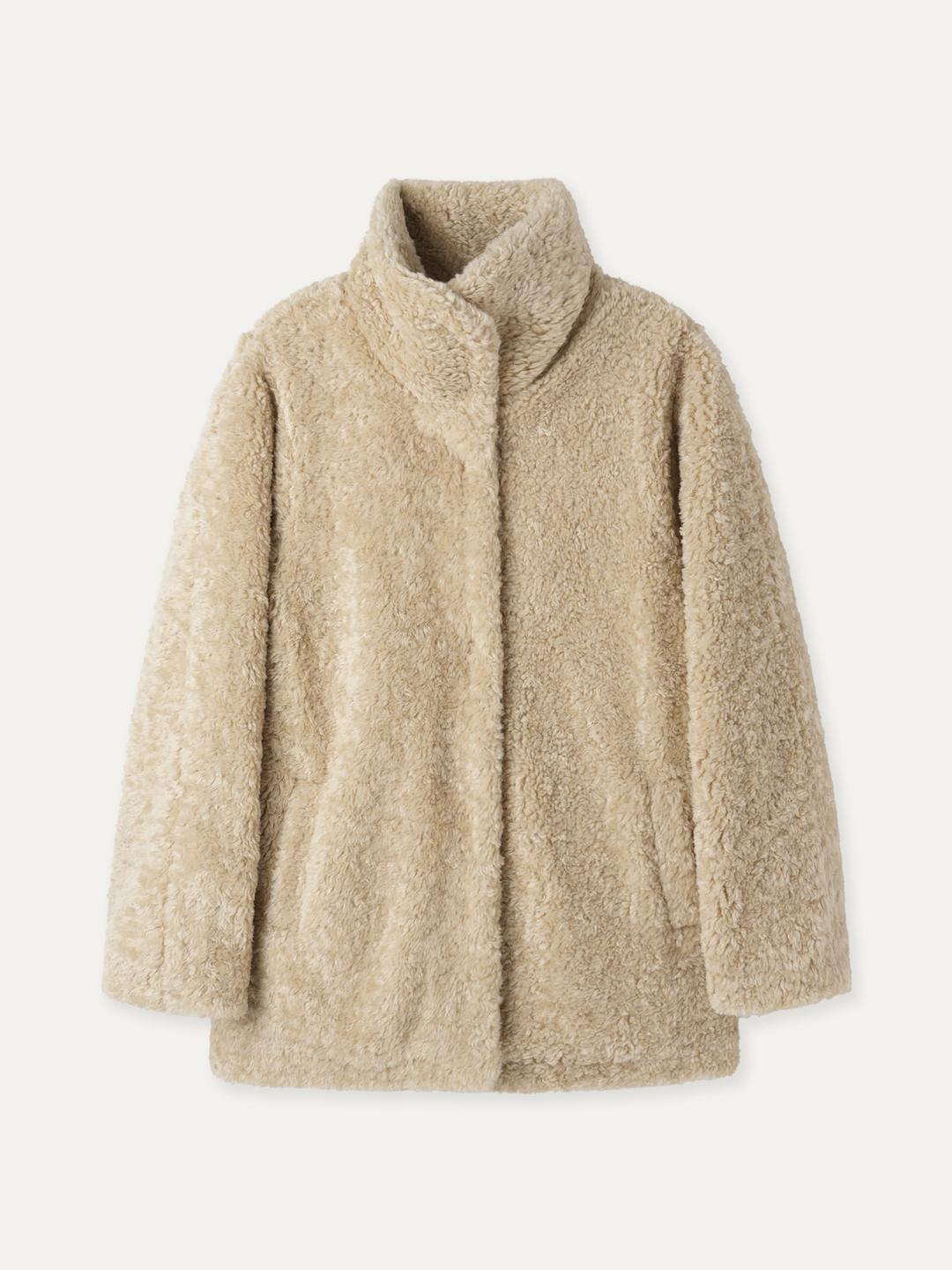 High-Neck Boucle Quilting Fur Coat_Beige