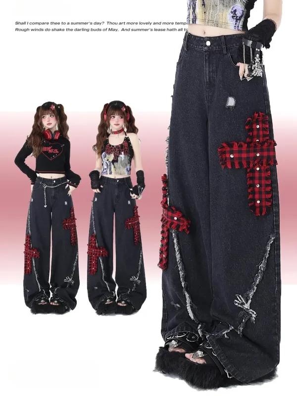 [$42.97]Red Plaid Crosses Black Punk Wide Leg Jeans Distressed Holes