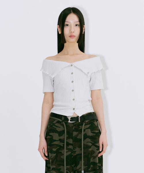 RIBBED OFF SHOULDER CARDIGAN_BONE