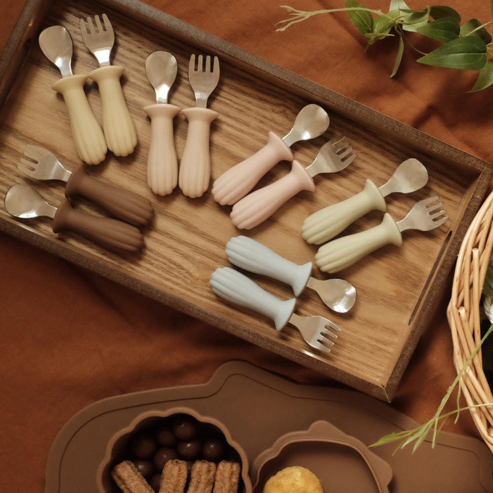 티지엠 조가비 실리콘 스테인리스 자기주도 이유식 스푼 포크 세트 휴대용 유아수저 아기수저