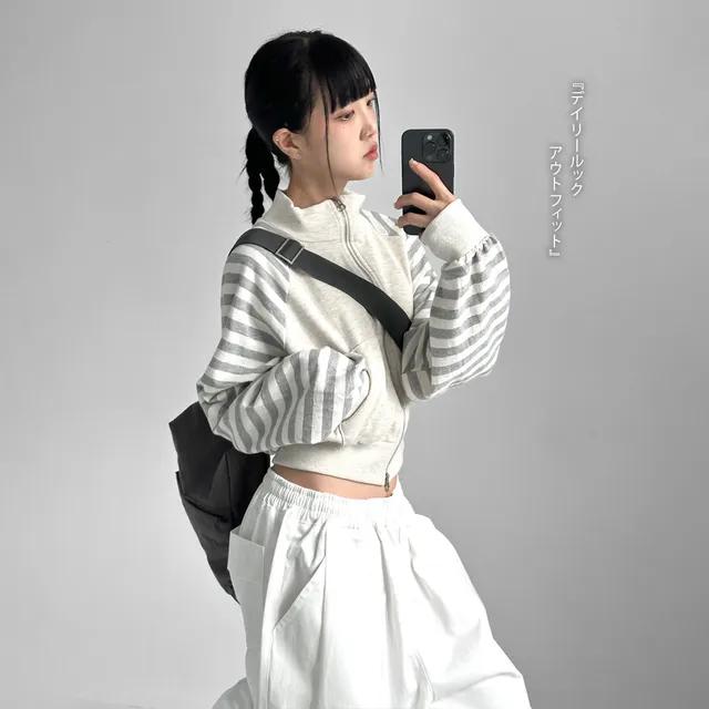 스트라이프 슬리브 마일드 코튼 크롭 나그랑 집업