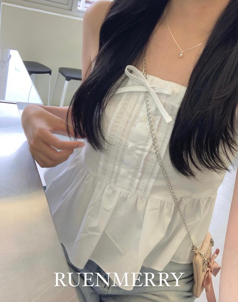 [MADE/당일발송] 베이비 리본 끈나시 뷔스티에, 여성 슬리브리스 어깨끈 조절 나시 뷔스티에