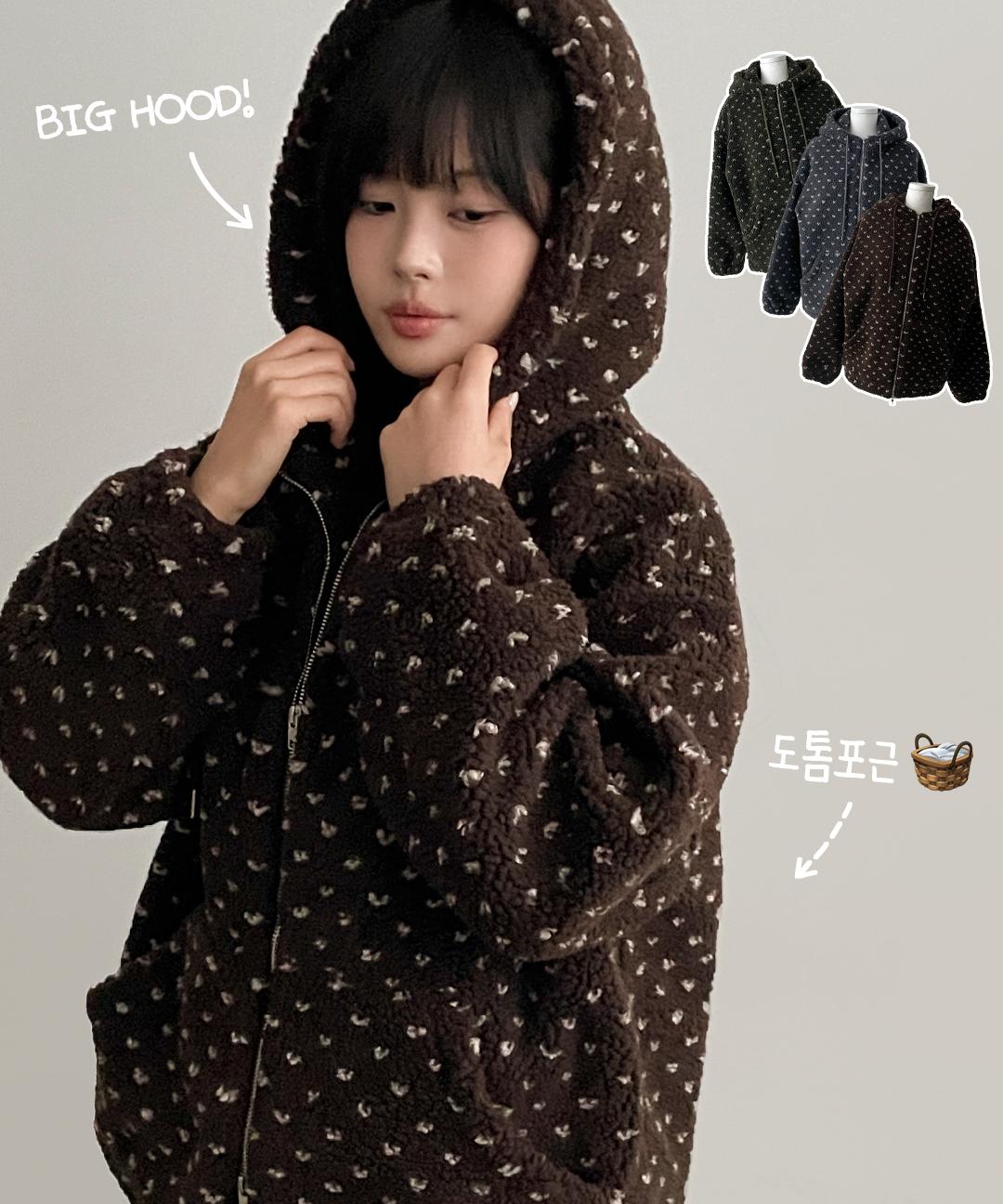 베이지수 투케 도트 투웨이 뽀글이 후리스 오버핏 겨울 점퍼