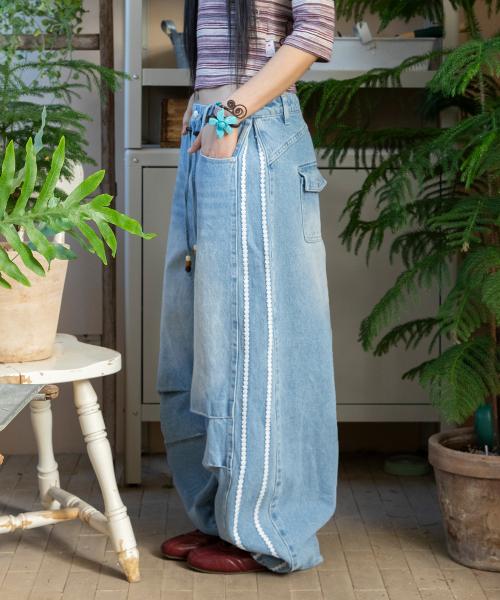 WXP070 도또우타 아플리케 레이스 데님팬츠 (BLUE)