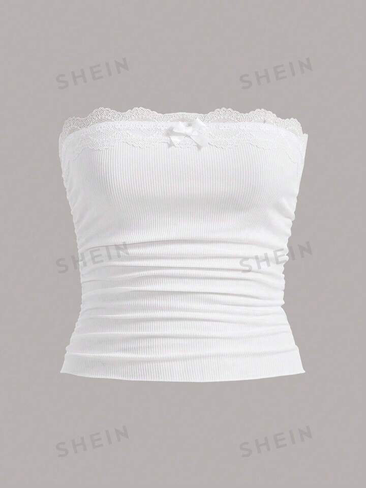 SHEIN EZwear 퍼즐 레이스 테두리 옷단 플리츠 앞 나비매듭 리본 톱 브라