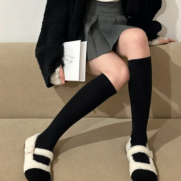 [오늘출발] 메리제인 배색 뽀글이 털안감 퍼 플랫슈즈 2cm